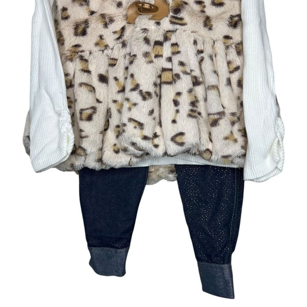 NEW Little Lass 3 Pc Outfit Faux Fur Vest, Top & Sparkle Jegging 3T - Picture 3 of 11